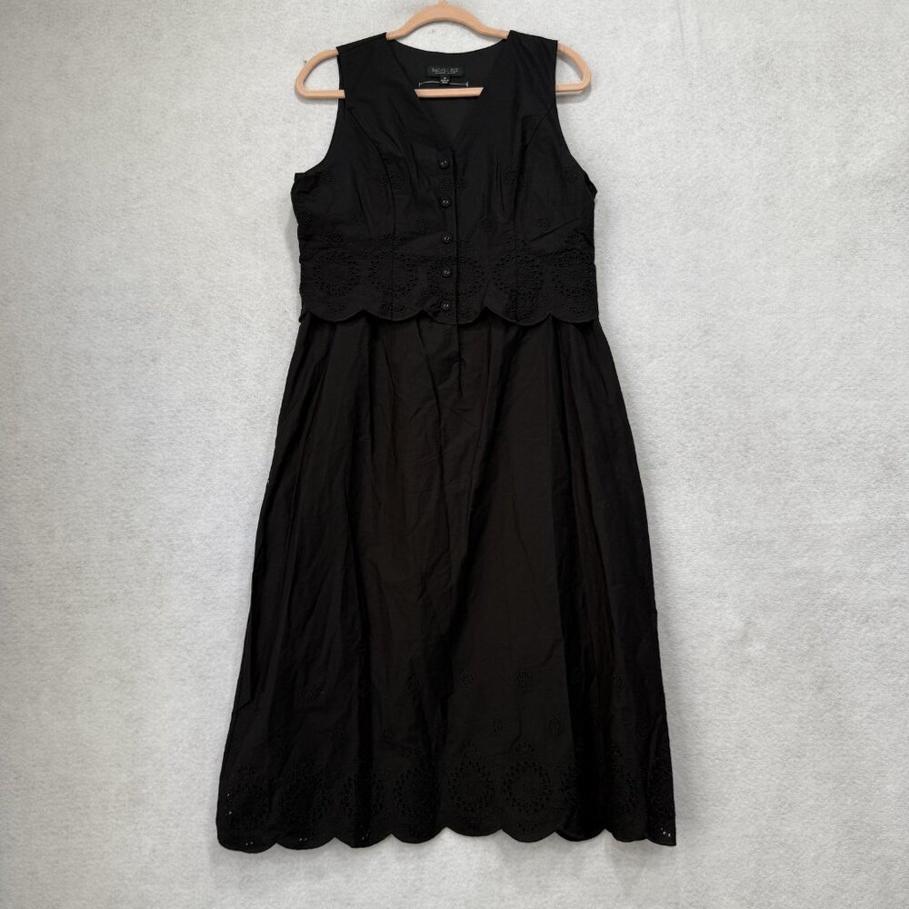 Rachel Zoe Dress Womens Medium Black Cotton Eyelet Button Front Scallop Midi
